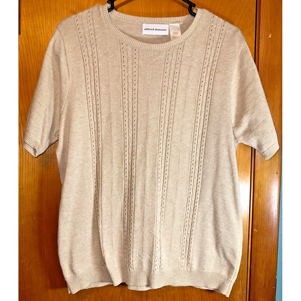 Alfred Dunner Vintage Beige Pointelle Cable Knit Sweater Grandma Cottage Large